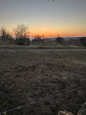 Une scène paisible à la campagne au coucher du soleil. Des arbres dénudés se découpent sur un ciel orange, avec un champ boueux et herbeux au premier plan, séparé par une fine clôture.