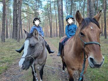 Deux enfants casqués montent à cheval sur un sentier forestier. Entourés de grands arbres, ils semblent prêts pour une aventure dans les bois paisibles.