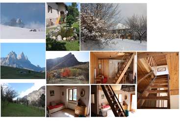 La imagen es un collage de nueve fotos que muestran un paisaje montañoso, una casa y una escalera, con una paleta de colores predominantemente natural y una atmósfera serena.