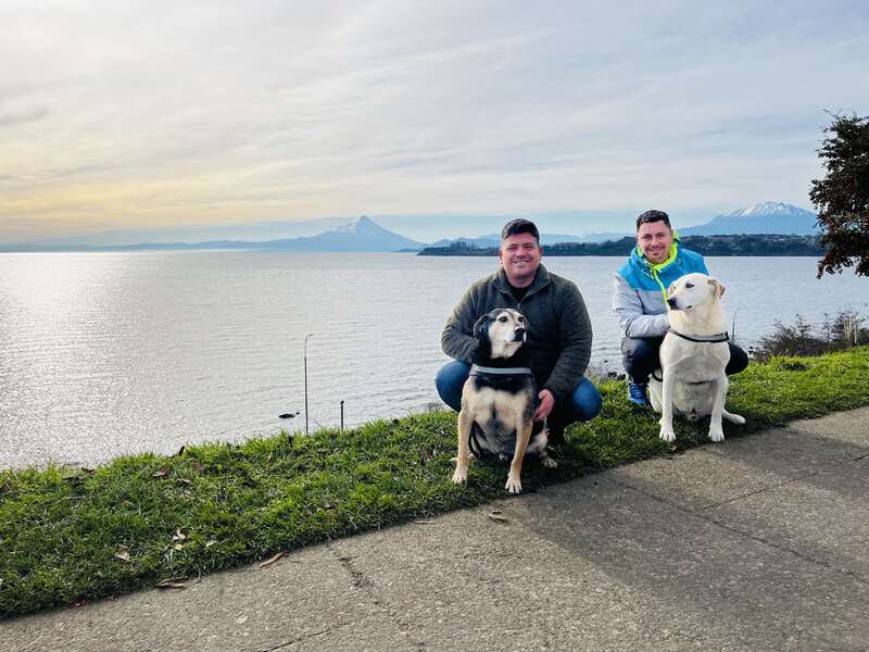 Dos hombres sonríen arrodillados junto a un lago con dos perros. Las montañas nevadas y el cielo nublado crean un paisaje de fondo. La hierba y la acera enmarcan el apacible momento.