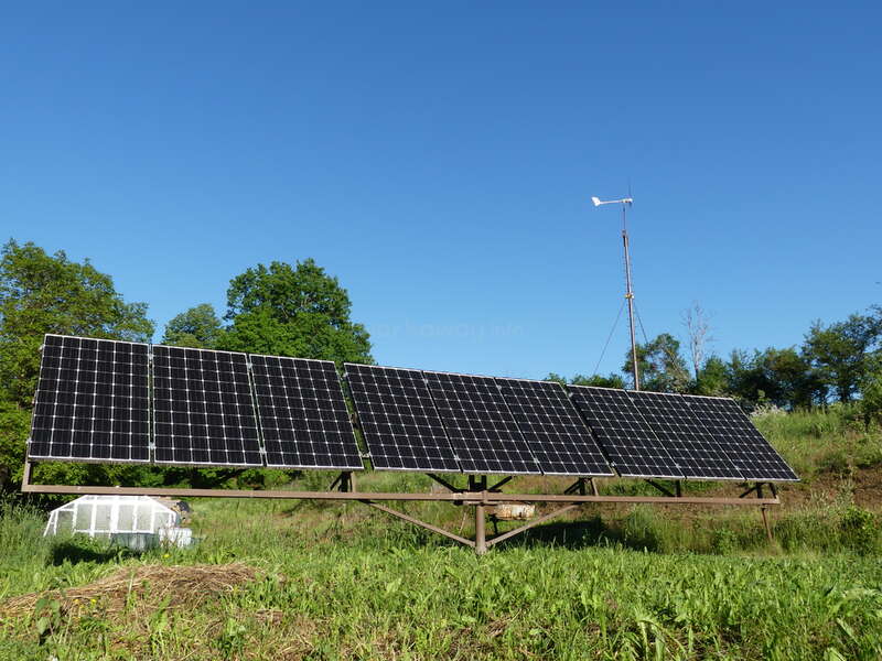 The image depicts a solar panel array situated in a grassy field, with trees visible in the background and a clear blue sky above.