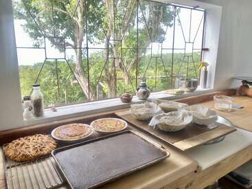 L'image représente un comptoir de cuisine avec divers produits de boulangerie sur des plateaux, entouré d'une fenêtre offrant une vue sur les arbres et la verdure à l'extérieur.