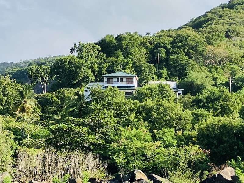 L'image représente une maison blanche au toit vert, nichée au milieu d'arbres et de feuillages luxuriants sur le flanc d'une colline, sur fond de ciel gris.