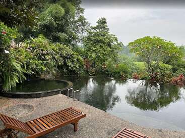 A serene infinity pool surrounded by lush greenery, wooden loungers on a stone deck, tranquil natural ambiance, and misty weather create a peaceful, tropical retreat.