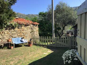 Un jardin rural paisible avec une maison en pierre, une clôture en bois, un banc bleu, des plantes en pot, des fleurs, un chapeau de soleil et des arbres sous un ciel bleu clair.