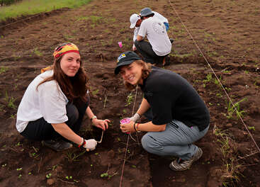 Four young adults are participating in an outdoor archaeological dig, using tools to carefully excavate soil, smiling and working together on a field surrounded by string markers.