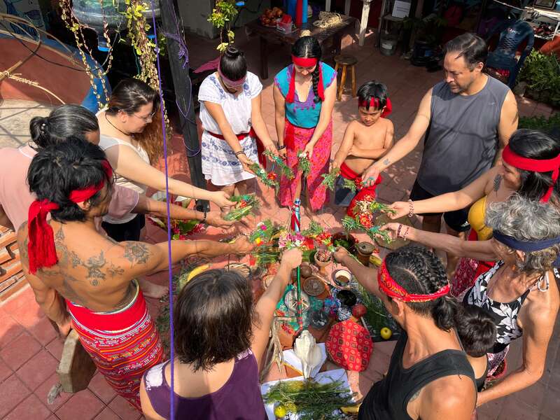 A group of people, some wearing red headbands, gather in a circle outdoors, participating in a ritual or ceremony involving plants and various traditional items.