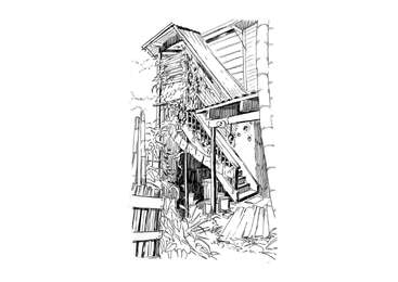 This black and white sketch depicts a rustic wooden house with a slanted roof, exterior staircase, overgrown plants, and a bamboo fence, evoking a rural, peaceful atmosphere.