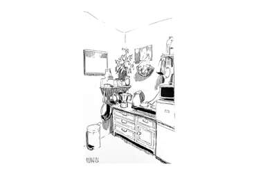 This is a black-and-white sketch of a cozy kitchen corner with cabinets, shelves, kitchenware, plants, dishes, hanging utensils, a refrigerator, a microwave, and a trash bin.