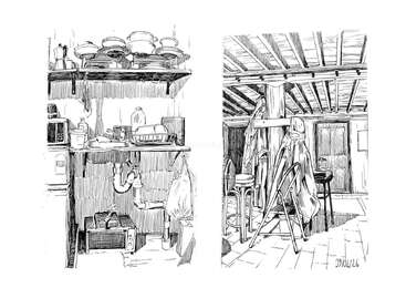 This black and white sketch depicts a rustic kitchen scene on the left, with shelves, dishes, and a sink, and a cozy cabin interior on the right.