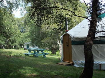 The image depicts a serene forest clearing with a yurt, picnic table, and trees, evoking a sense of tranquility and natural beauty.