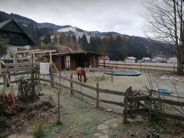 A brown pony grazes in a frosty, fenced yard. Wooden structures, a shed, and distant houses sit beneath overcast skies, surrounded by forested and snowy hills.