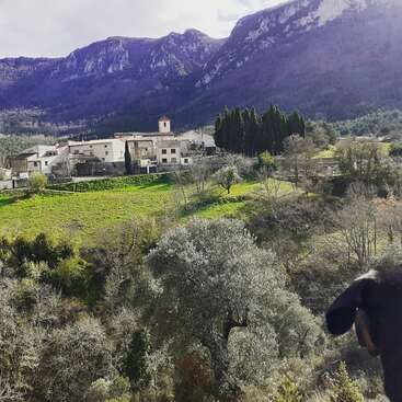 The image depicts a serene village nestled in the mountains, featuring a church and houses, with lush greenery and trees surrounding it, set against a majestic mountainous backdrop.