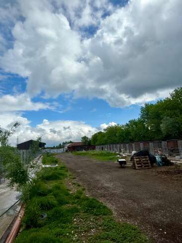Escena rural con camino de tierra, hierba verde, objetos dispersos, cercados para animales y cielo azul nublado. A lo lejos se ven árboles y edificios agrícolas.