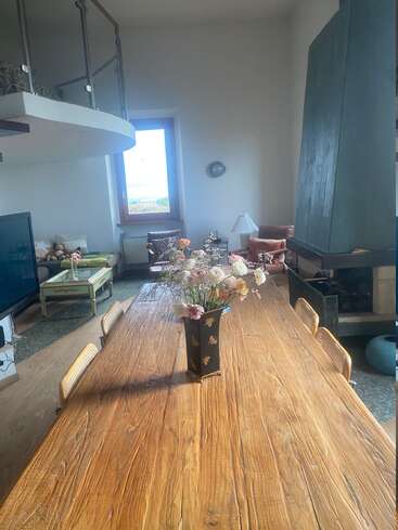 A spacious, well-lit living room with a rustic wooden dining table, flower centerpiece, cozy seating area, fireplace, TV, large window, and modern mezzanine. Inviting atmosphere.