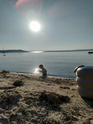 Un jeune enfant est assis dans l'eau peu profonde d'une plage de sable, tandis que la lumière du soleil se reflète sur la mer calme. Des algues, une bouée gonflable et des jouets sont éparpillés à proximité. Une scène paisible.