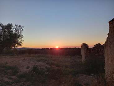 The sun sets on the horizon, casting a warm glow over an old stone ruin and a tree, creating a peaceful, rustic landscape scene.