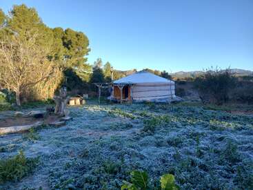 A round white yurt stands in a frosty field surrounded by trees, green plants, and mountains under a clear blue morning sky, creating a peaceful scene.