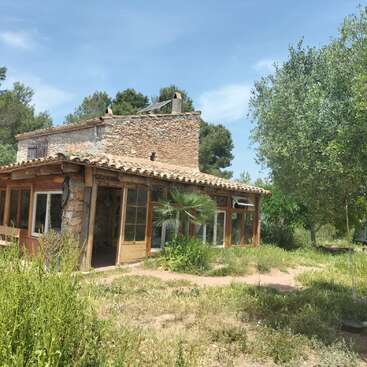 A rustic stone house with wooden accents sits surrounded by tall grass and trees, bathed in sunlight under a clear blue sky, evoking serene countryside charm.