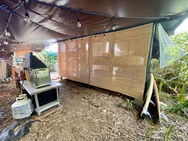 The image depicts a covered outdoor area with a grill, propane tank, and wooden screen, surrounded by mulch and plants, evoking a cozy and inviting atmosphere.