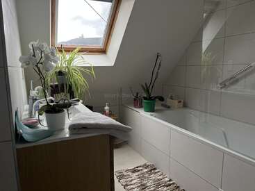 A bright bathroom with a skylight window, white tiles, a bathtub, countertop with potted plants, toiletries, towels, and a cozy striped rug on the floor.