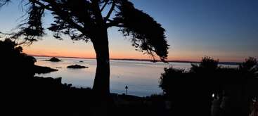 Una tranquila escena costera al atardecer, con un árbol en primer plano, aguas tranquilas, pequeñas islas y un resplandor naranja en el horizonte. Ambiente apacible.