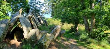 Grandes piedras antiguas forman una misteriosa estructura en un bosque verde e iluminado por el sol. Las sombras de los árboles crean un entorno tranquilo y natural, que sugiere historia y tranquilidad combinadas.