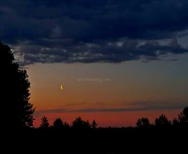 Eine Mondsichel geht in der Abenddämmerung über einer Waldsilhouette auf. Dunkle Wolken schweben darüber, während der Himmel orange, rosa und blau leuchtet und eine heitere Atmosphäre schafft.