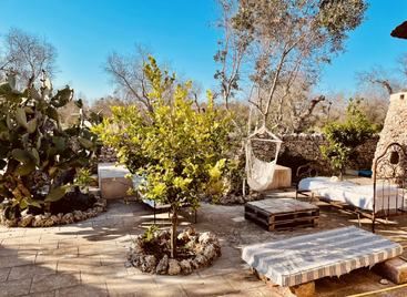 La imagen muestra un sereno patio exterior con una hamaca, dos camas y un pequeño árbol, rodeado de muros de piedra y exuberante vegetación en un día soleado.