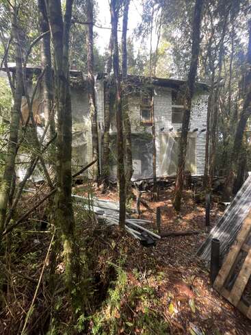 Ein teilweise gebautes Haus steht in einem dichten Wald, umgeben von hohen Bäumen, verstreuten Baumaterialien und gefiltertem Sonnenlicht, das das Unterholz und die waldige Atmosphäre hervorhebt.