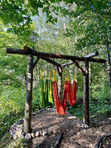Bunte Stoffhängematten hängen an einem stabilen Holzgestell in einer sonnigen Waldlichtung, umgeben von leuchtend grünem Laub und weichem, mit Steinen übersätem Boden.