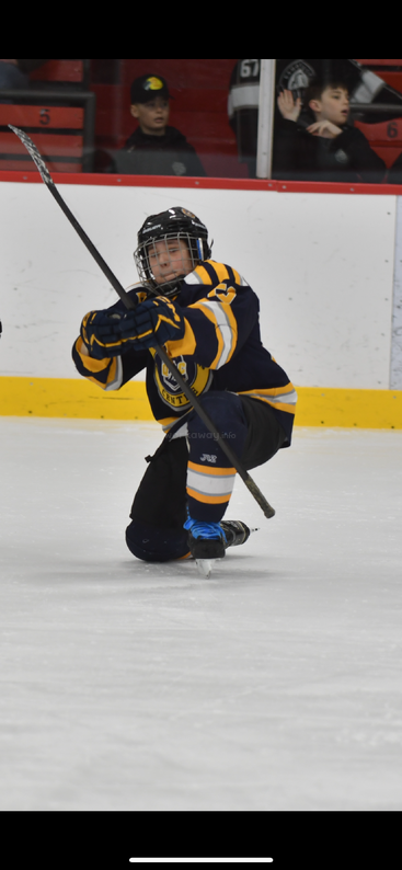 A young hockey player kneels on the ice, intensely focused, gripping his stick. Fans watch through the glass, capturing the excitement of youth hockey action.