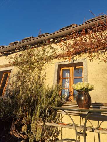 Eine rustikale Hauswand mit holzgerahmten Fenstern, Kletterpflanzen und einem Glastisch mit einer dunklen Vase, die mit weißen Rosen gefüllt ist, und das alles unter einem strahlend blauen Himmel.