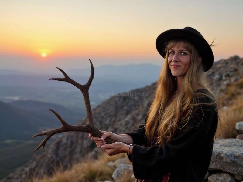 Das Bild zeigt eine Frau, die ein Hirschgeweih auf einem Berg bei Sonnenuntergang hält, mit einer ruhigen und friedlichen Atmosphäre.