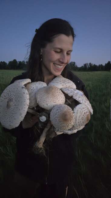 Eine Frau lächelt fröhlich, während sie in der Abenddämmerung auf einer Wiese einen großen Strauß Wildpilze in den Händen hält, umgeben von Natur und sanftem Abendlicht.