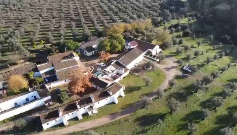 This aerial image shows a rural estate with traditional white buildings surrounded by olive groves, green fields, and winding dirt paths, capturing a peaceful countryside scene.