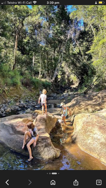 Three children explore a rocky creek in a lush forest. Sunlight filters through green trees as they play, climb, and splash in the shallow water. Outdoor adventure.