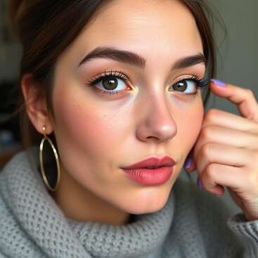 A young woman with flawless makeup, bold brows, and pink lips looks into the camera. She wears a gray sweater and large hoop earrings, radiating confidence.