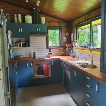 This cozy kitchen features blue cabinets, wooden countertops, white subway tile backsplash, stainless steel appliances, large windows, plants, and shelves with jars, creating a warm, rustic atmosphere.