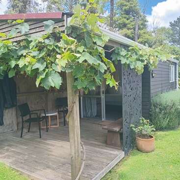 Eine gemütliche Holzveranda mit zwei Stühlen und einem kleinen Tisch steht unter einem üppigen Vordach aus Weinreben, umgeben von viel Grün und Ruhe im Freien.
