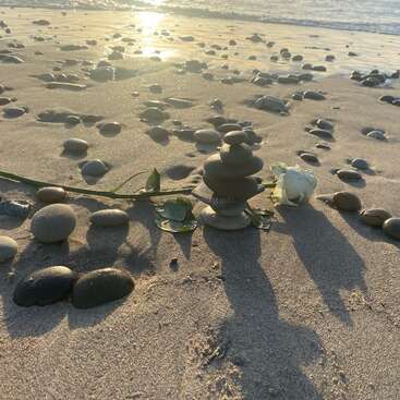The image depicts a serene beach scene with a white rose and a stack of stones, surrounded by scattered rocks on the sand, bathed in warm sunlight.