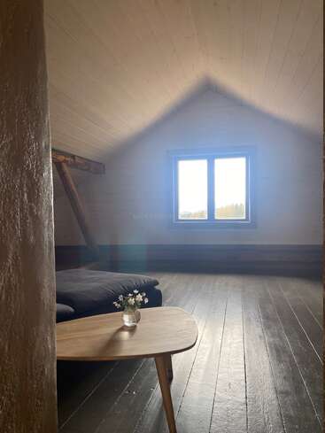 Esta imagen muestra una acogedora habitación en el ático con suelos de madera, un sofá minimalista, una mesita con un jarrón de flores y la luz que entra por la ventana.
