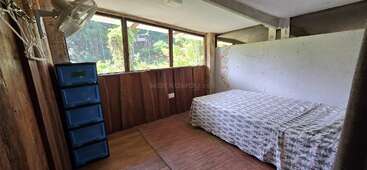 Cette chambre confortable dispose d'un lit simple avec des draps à motifs, de tiroirs en plastique bleu, d'un ventilateur mural, de murs en bois et de grandes fenêtres offrant une vue sur l'extérieur verdoyant.