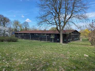 A long, wooden building with large windows sits in a grassy clearing. Leafless and blooming trees surround it under a bright blue, slightly cloudy sky.