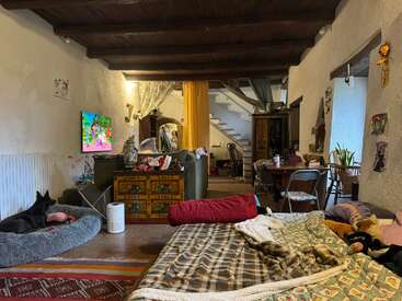 Cozy living room with exposed wooden beams, a dog resting on a plush bed, TV playing cartoons, eclectic decor, colorful furniture, and a dining table near stairs.