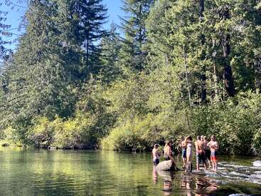 Eine Gruppe von Menschen steht gemeinsam in einem Fluss, umgeben von üppigem, grünem Wald, und genießt den sonnigen Tag und das kühle, klare Wasser in der Natur.