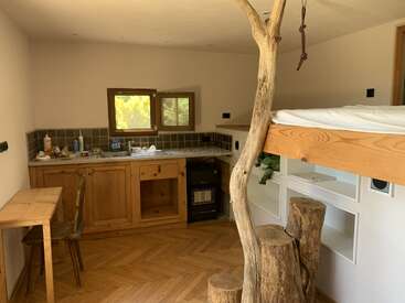 Esse quarto aconchegante tem uma cozinha pequena, móveis rústicos de madeira, uma escada de tronco de árvore que leva a uma cama alta, prateleiras abertas e luz natural que entra pela janela.