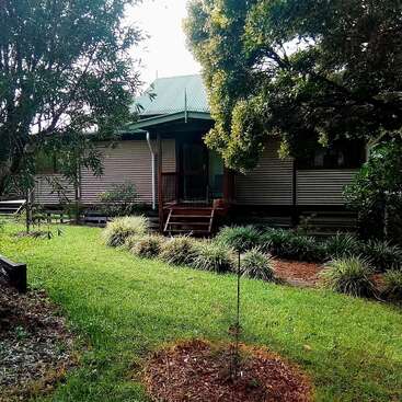 A cozy house with a green roof sits among lush trees and bushes. A front porch and steps lead onto a well-maintained grassy lawn. Peaceful setting.