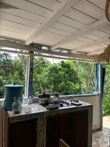 Esta cocina rústica al aire libre cuenta con una placa de cocina, un recipiente azul para el agua y una jarra. Rodeada de frondosos árboles, ofrece un entorno tranquilo y natural para cocinar.