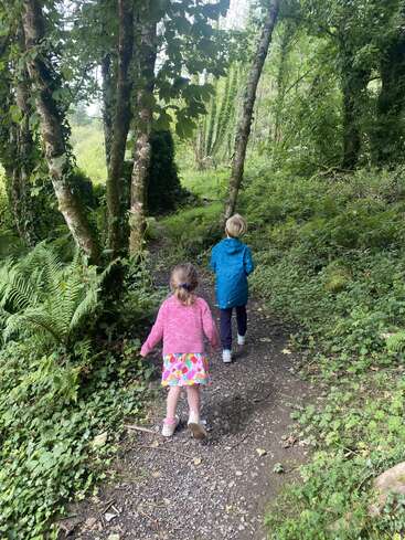 Two children walk along a narrow, leafy forest path surrounded by lush green trees and ferns, exploring nature together on a peaceful day outdoors.